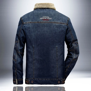 Men's denim jacket in dark blue with fleece collar and outdoor legend back embroidery