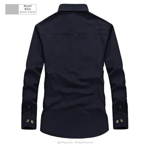 Rear view of a navy blue long-sleeved dress shirt showing back yoke and pleated detail