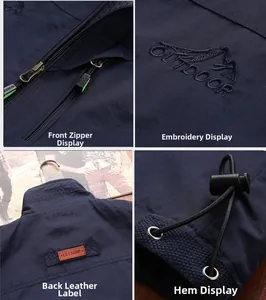 Détails de la veste: broderie, écusson en cuir, zip métallique et cordon de serrage