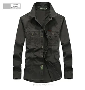 Front view of army green long-sleeve cargo shirt showing dual chest pockets and twill fabric