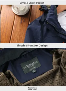 Detail of dark blue windbreaker with zipper chest pocket and breathable mesh lining