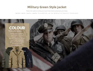 Detail of winter fleece jacket collar showing thick plush lining and military cargo pockets