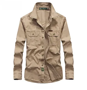 Detailed front view of a khaki long sleeve utility shirt with symmetrical flap chest pockets