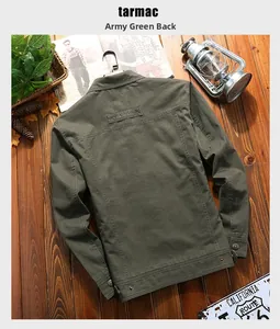 Detail view of army green men's jacket back featuring fashion label and hem buckle