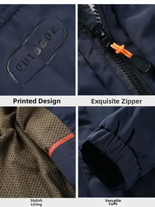 Detail of outdoor jacket showing logo print, orange zipper puller, and mesh lining