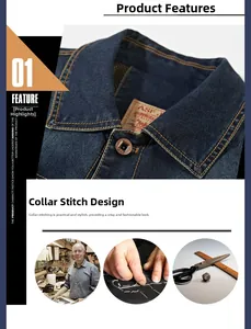 Detail of yellow contrast stitching on a dark blue denim jacket neckline and collar