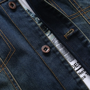 Classic dark blue denim jacket for men with contrast stitching and branded metal buttons