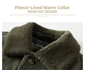 Close-up of warm fleece collar and corduroy fabric on a men's winter jacket