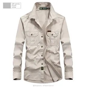 Detailed front view of off-white long-sleeved work shirt with dual buttoned chest pockets