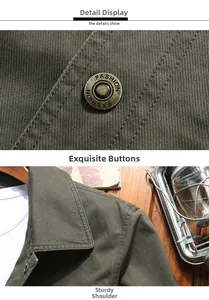 Detail view of army green cotton jacket featuring embossed metal button and reinforced seams