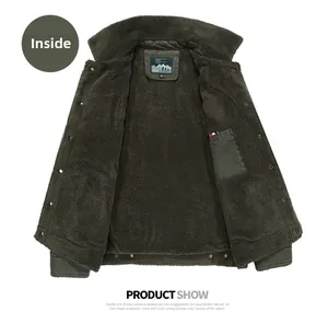 Detail of olive green jacket featuring thick brown fleece lining and inner pocket with webbing