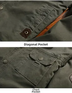Detail of army green military jacket showing twill texture and metal buttons