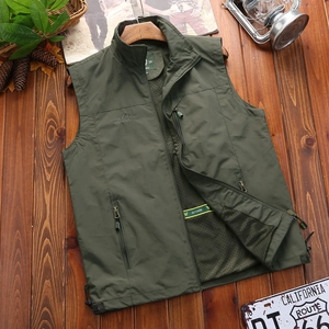 Gilet de Pêche et de Photographie en Plein Air pour Hommes Col Montant Multi-poches en Lin Veste d'Automne Grande Taille