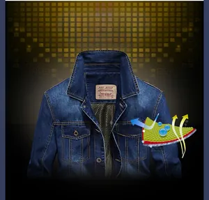 Detail of dark blue denim jacket showing breathable mesh lining and metallic buttons