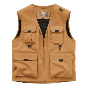 Gilet de pêche extérieur kaki pour homme avec poches multiples et tissu imperméable