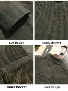 Detail view of army green jacket showing buttoned cuffs, reinforced stitching, and interior pocket