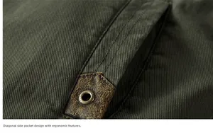 Detail shot of olive jacket showing twill texture and leather patch with fashion rivet