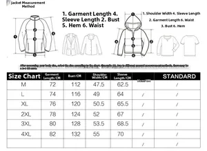 Größentabelle für Herren Windjacke M-4XL mit detaillierter Messanleitung