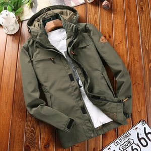 Men's military green hooded tactical jacket with zip closure and sleeve embroidery logo