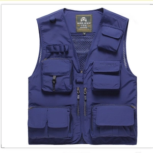 Men's dark blue outdoor multi-pocket fishing vest with tactical mesh and cargo utility pockets