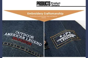 Detailed macro view of American retro embroidery on a dark blue denim jacket