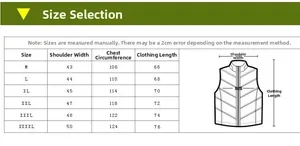 Size chart for men's outdoor vest featuring measurements for shoulder, chest, and length