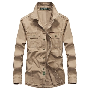 Men's Casual Long Sleeve Cotton Work Shirt Outdoor Loose Fit Button Down Shirt With Double Pockets For Men