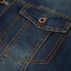 Men's vintage dark blue denim jacket with contrast yellow stitching and metal button