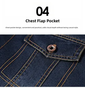 Detail of dark blue denim jacket flap pocket with bronze metal logo button and orange stitching