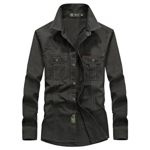 Men's olive green long-sleeve tactical work shirt with double chest pockets and military style