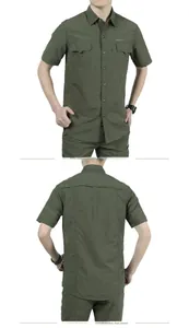 Detail view of military green tactical short sleeve shirt with flap chest pockets