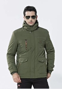 Detail view of army green winter parka showing embroidered chest text and tactical pockets