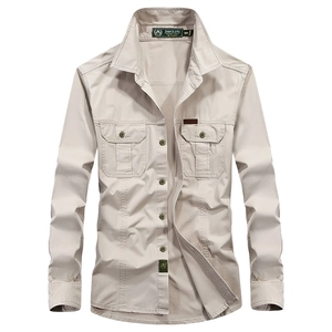 Classic khaki long-sleeve cotton cargo shirt for men featuring dual chest pockets