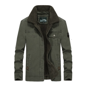 Men's olive green outdoor winter jacket with warm fleece collar and embroidery