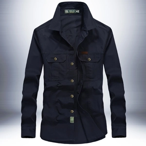 Men's navy blue long sleeve cotton cargo shirt with dual buttoned chest pockets