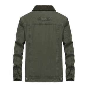 Men's military green winter jacket with fleece collar and fashion patch on the back
