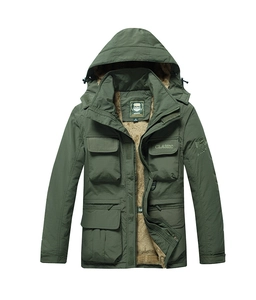 Macro view of windproof military green jacket with thick khaki fleece lining details