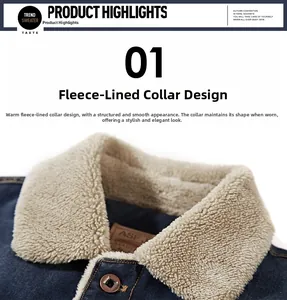 Detail of blue denim jacket showing faux shearling collar and metallic button close-up