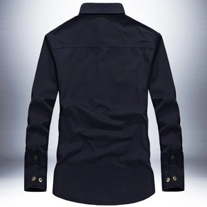 Men's slim-fit long-sleeve casual shirt in navy twill fabric with back yoke details