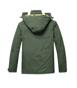 Detail of hooded outdoor jacket featuring windproof nylon fabric and fleece lining