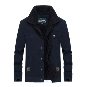 Men's navy sherpa lined fleece jacket with classic turn-down collar and outdoor style