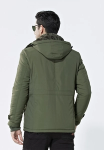 Rear view of olive green hooded parka for men with faux fur trim and windproof cuffs