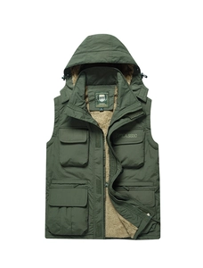 Detail of dark green hooded jacket with warm fleece lining and multiple utility pockets
