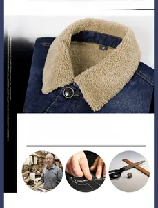 Dettaglio giacca di jeans blu con caldo colletto in pile e bottoni in metallo