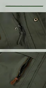 Close-up of military green jacket showing textured fabric, zipper pocket and metal snaps