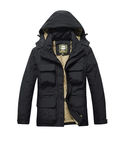 Detail of black hooded outdoor parka featuring a warm fleece lining and classic embroidery
