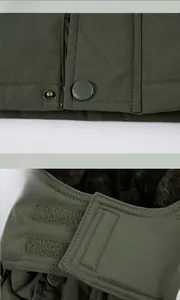 Detail of military green winter parka showing windproof hem, buttons and velcro hood