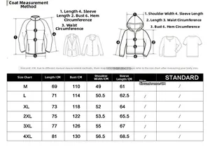Size chart for winter padded jacket showing length, chest, shoulder, and sleeve measurements