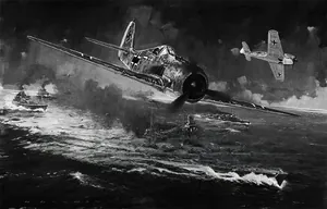 Detail of vintage military illustration showing fighter planes and naval ships at sea