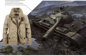 Detail of khaki military style jacket showing warm plush collar and durable canvas texture